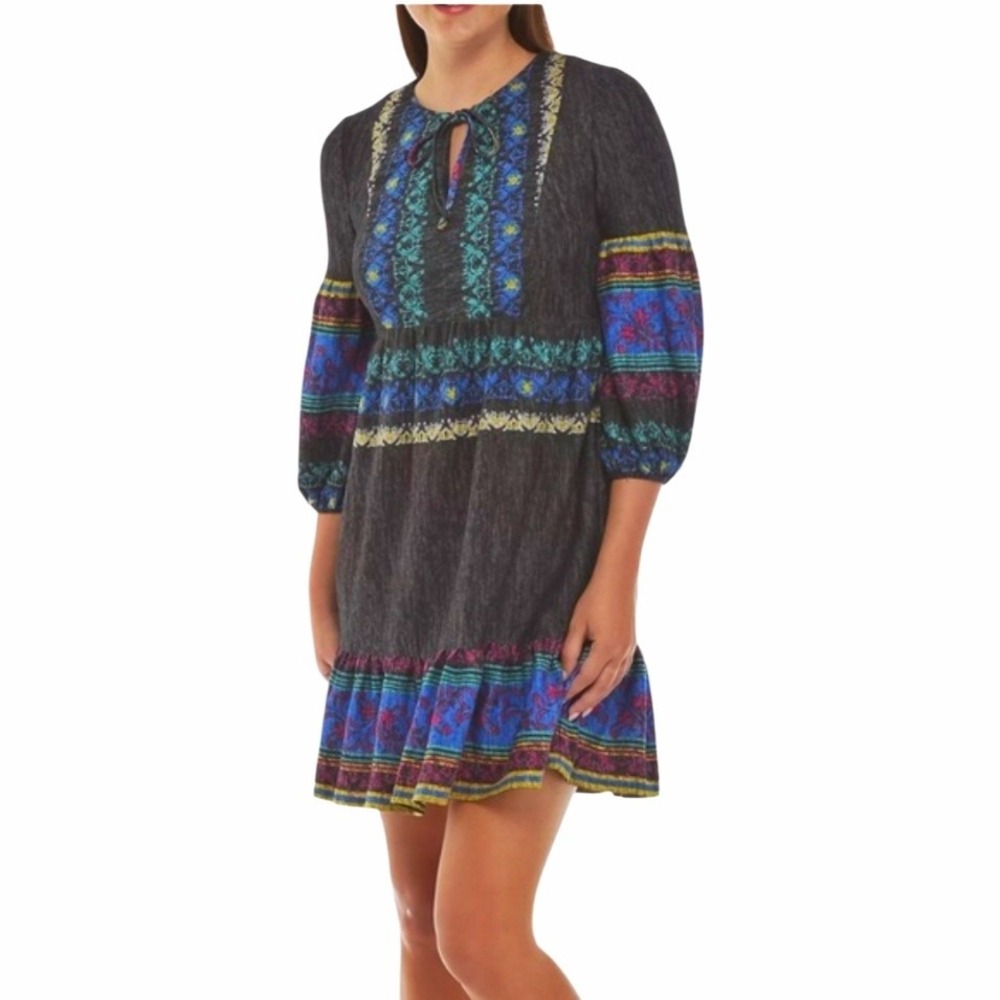 Violet Weekend Boho Peasant Knit Dress Floral Border Print‎ Balloon Sleeve SZ 14